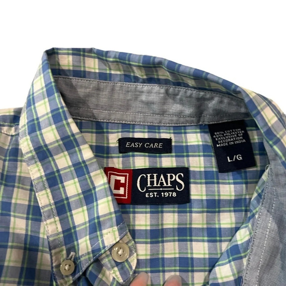 Chaps Easy Care Men's Blue & Green Checkered Short Sleeve Button Down Size Large - Picture 2 of 3